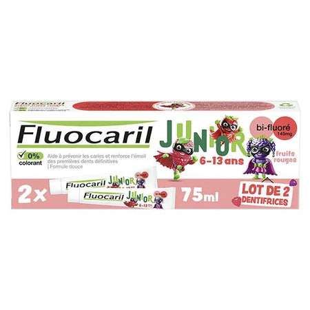 Fluocaril Junior 6-12 ans Dentifrice Gel Fruits Rouges Lot de 2 x 75ml