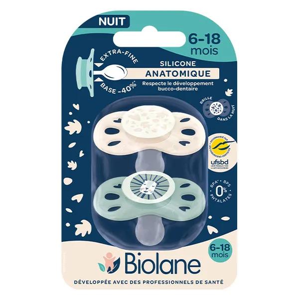 Biolane 2 Sucettes collection nuit 0-6 mois Vert et Beige Base extra-fine et téterelle réversible