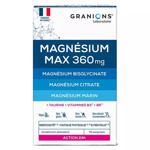 Granions Magnesium Max 360 mg Reduziert Stress, Müdigkeit - 24h-Wirkung - 90 Tabletten
