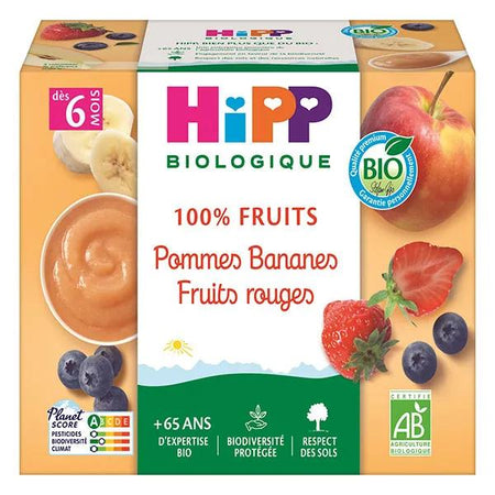 Hipp Pommes Bananes Fruits rouges dès 6 mois Coupelles 4 x100g