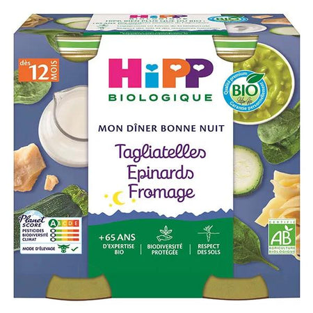 Hipp Bio Mon Dîner Bonne Nuit Bol Tagliatelles Epinards Fromage +12m Lot de 2 x 250g