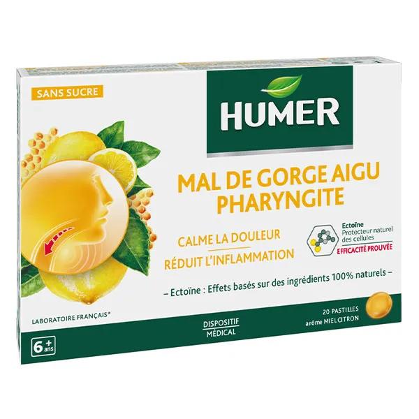 Humer Mal de Gorge Aigu Pharyngite Arôme Miel Citron dès 6 ans 20 pastilles