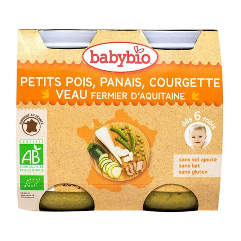 Babybio Erbsen, Pastinaken, Zucchini von unserem Bauernhof, Freilandkalb aus Nouvelle-Aquitaine ab 6 Monaten (400 g)