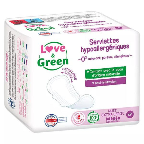 Love & Green Hypoallergene Damenbinden Nacht Extra Lang (9 Stück)