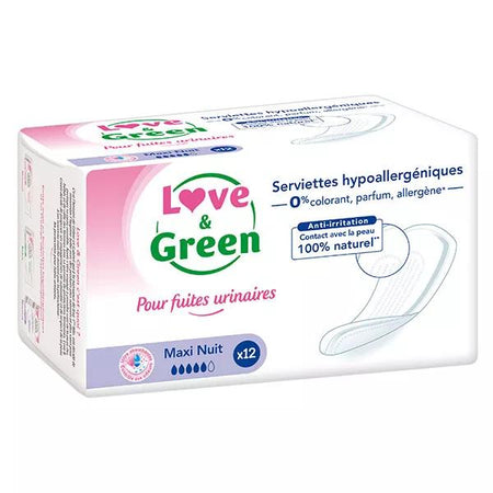 Love & Green Serviettes pour Fuites Urinaires Maxi Nuit 12 unités