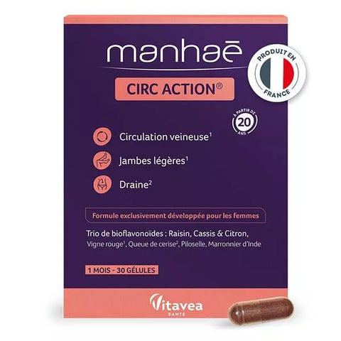 Manhaé Circ Action Leichte Beine und Entwässerung Roter Wein 30 Kapseln