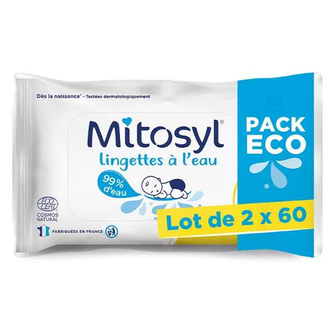 Mitosyl Feuchttücher auf Wasserbasis für Babys – 2 Packungen à 60 Tücher – EG LABO