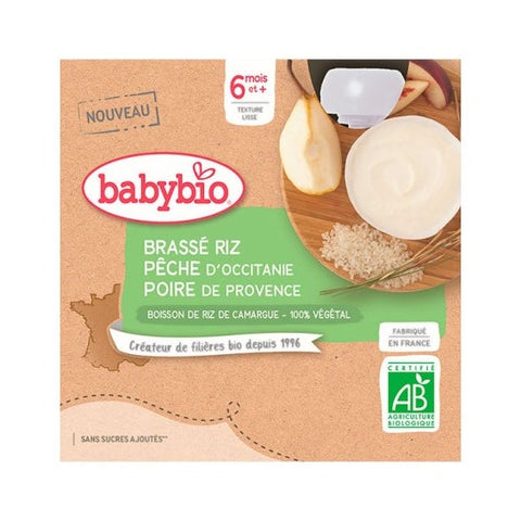 Babybio Pflanzliche Desserts Quetschbeutel Reis Pfirsich Birne +6m Bio 4 x 85g