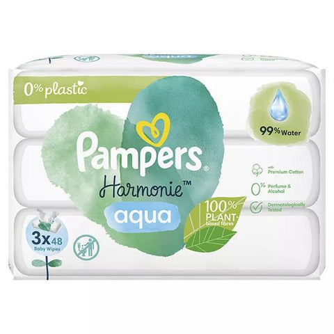 Pampers Harmonie Aqua Feuchttücher 0% Plastik 100% Fasern pflanzlichen Ursprungs 99% Wasser 3x48 Tücher