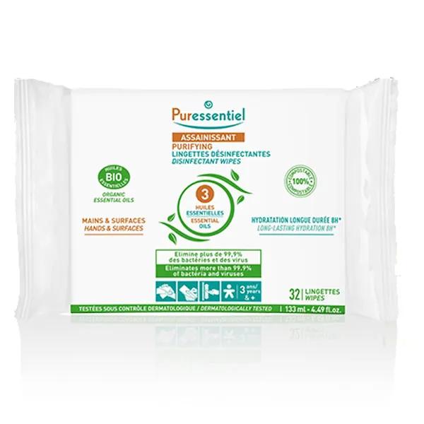 Puressentiel Assainissant Désinfectantes Mains Surfaces aux 3 Huiles Essentielles 32 Lingettes