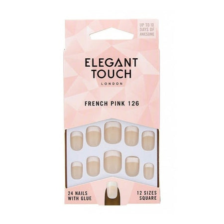 Elegant Touch Ongles French rose avec colle, carrés (24 pièces)