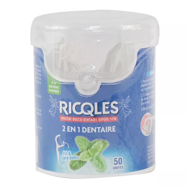 Ricqles 2 en 1 Dentaire Fil et Cure Dents Menthe Poivrée 50 unités