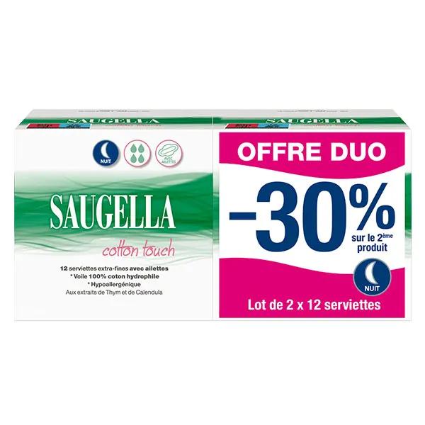 Saugella Cotton Touch Serviettes Hygiéniques Nuit avec Ailettes - 2 Packs de 12