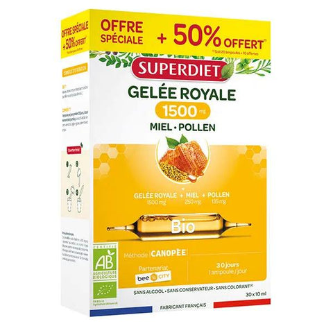 Superdiet - Organic Royal Jelly Honey Pollen - 20 + 10 ampoules free