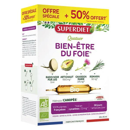Superdiet Quatuor Bien-Être Foie Bio - 20 + 10 ampoules offertes