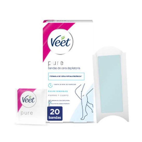 Veet Pure bandes de cire épilatoire jambes et corps peau sensible (20 pièces)