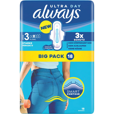 Always Ultra Day Long Plus 3 with wings, large pack (18 pieces)