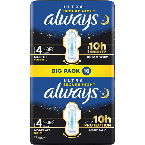 always Ultra Secure Night 4 sanitary pads with wings, large pack (16 pieces)