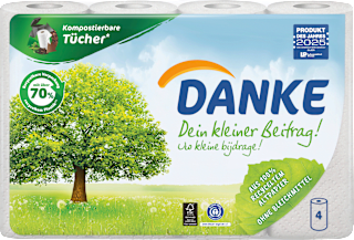 Danke Rouleaux de papier ménager recyclé 3 plis (4x45 feuilles), 4 pièces