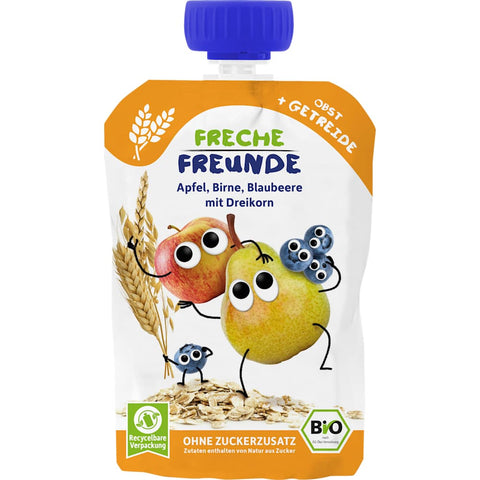 Freche Freunde Quetschie Apfel, Birne, Heidelbeere mit drei Getreidesorten ab 6 Monaten (100 g)