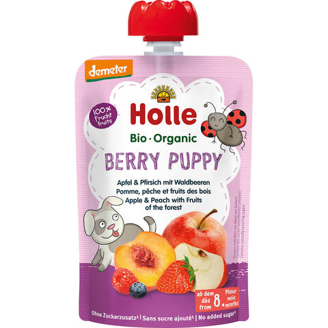 Holle Berry Puppy fruit purée, apple & peach with forest fruits from 8 months (100 g)
