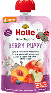 Holle purée Berry Puppy, pomme & pêche aux fruits des bois dès 8 mois (100 g)