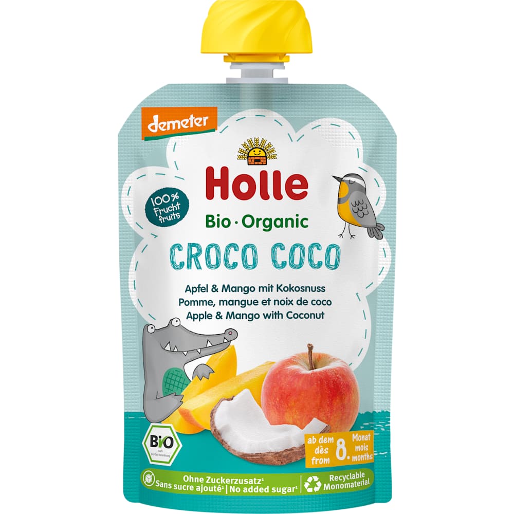 Holle Quetschie Croco Coco, pomme & mangue avec noix de coco dès 8 mois, 100 g