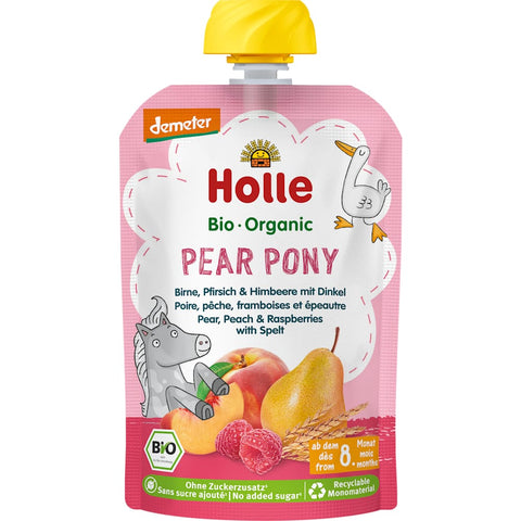 Holle Pear Pony Fruit Pouch, pear, peach & raspberry with spelt (100 g)
