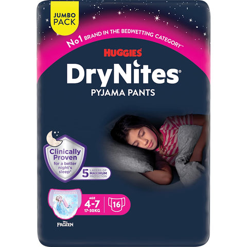 HUGGIES DryNites Pyjama Pants filles 4-7 ans, Jumbopack, 16 pièces
