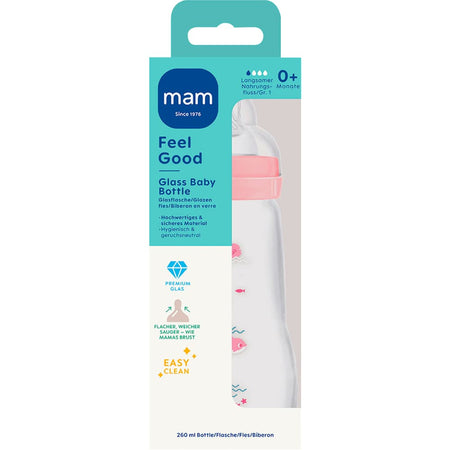 Mam Feel Good biberon en verre rose, dès la naissance (260 ml, 1 pièce)
