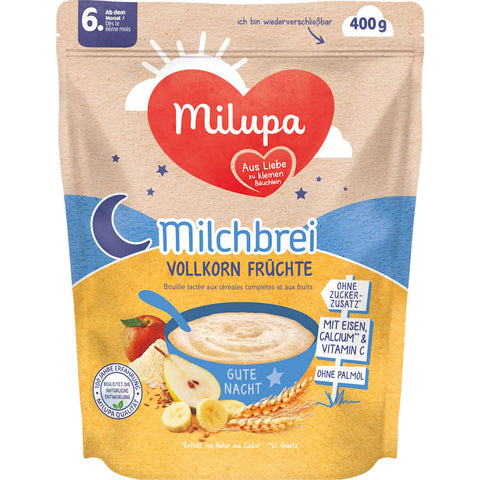 Milupa Bouillie du soir Lait Céréales complètes Fruits Bonne nuit dès le 6e mois (400 g)