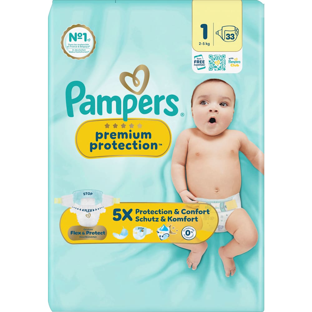 Pampers premium protection couches taille 1 (2-5 kg), 33 pièces