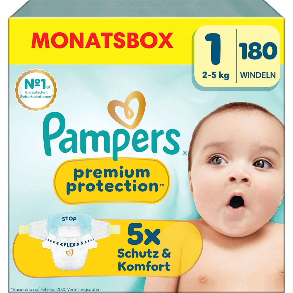 Pampers Premium Protection couches taille 1 Newborn (2-5 kg), pack mensuel (180 pièces)