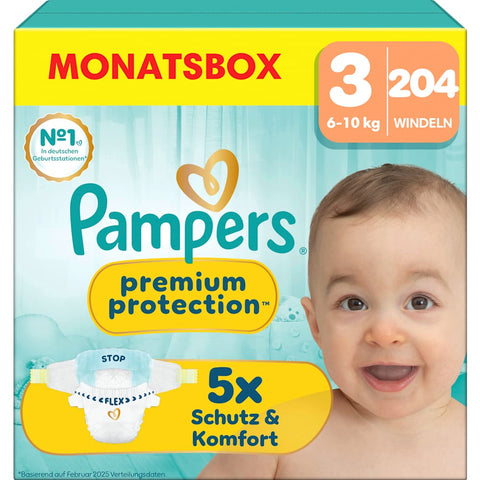 Pampers premium protection couches taille 3 Midi (6-10 kg) coffret mensuel, 204 pièces