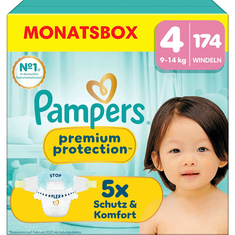 Pampers premium protection couches Taille 4 Maxi (9-14 kg), boîte mensuelle (174 pièces)