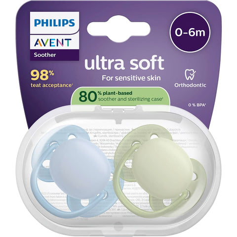 Philips Avent tétine ultra soft en silicone, bleu/vert, 0-6 mois (2 pièces)
