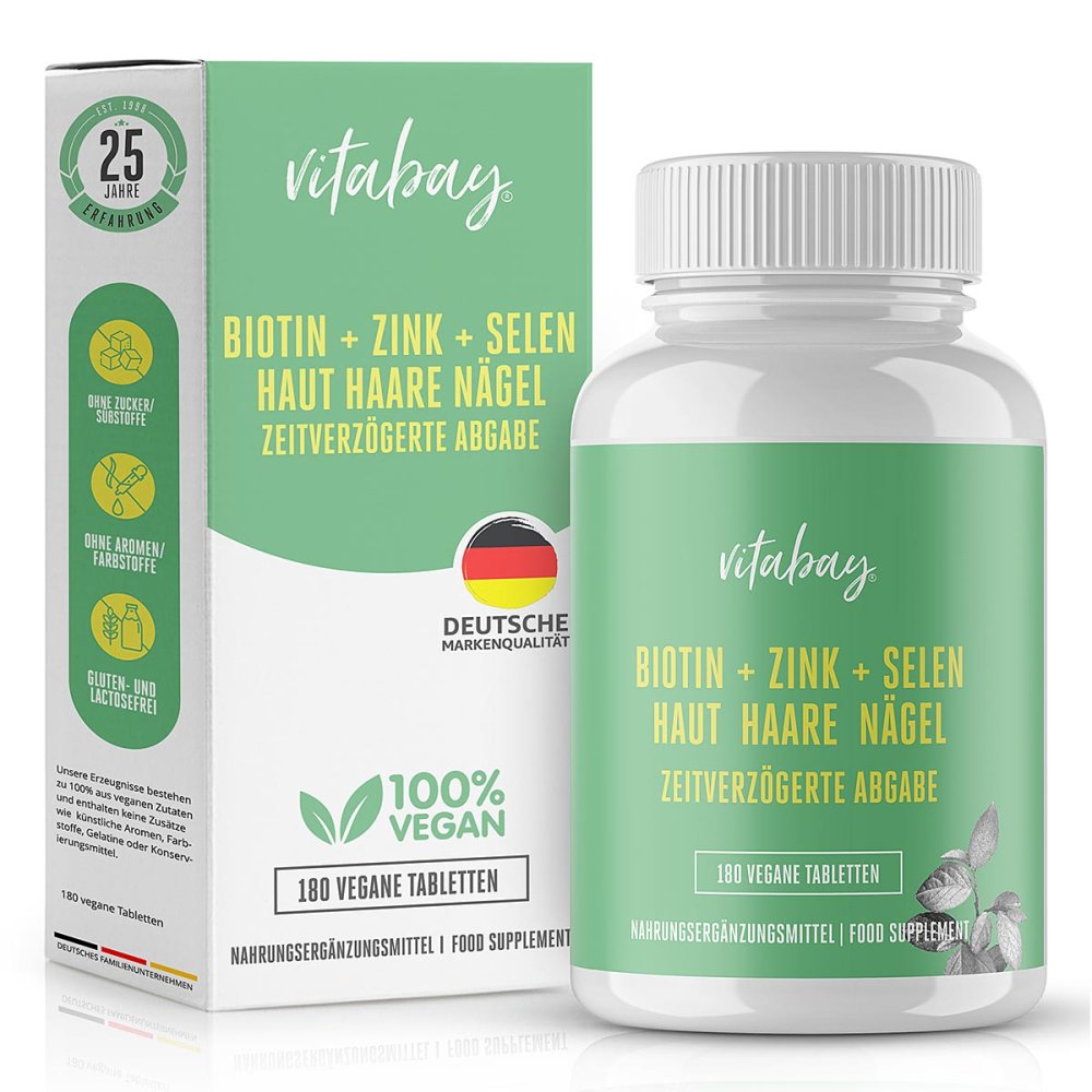 Vitabay D-Biotin 10 mg Depot + Sélénium 110 mcg + Zinc 10 mg comprimés (180 comprimés)